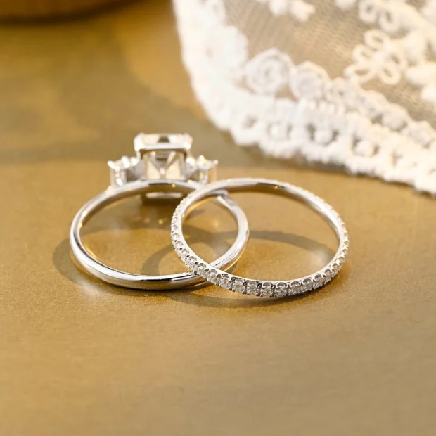 Smaragdschliff Diamantweiß Klassisch 3-Steine 925er Sterlingsilber Ring-Set