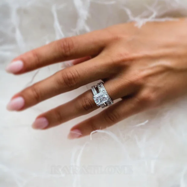 Radiantschliff Diamantweiß 3-teilige 925er Sterlingsilber Ring-Set