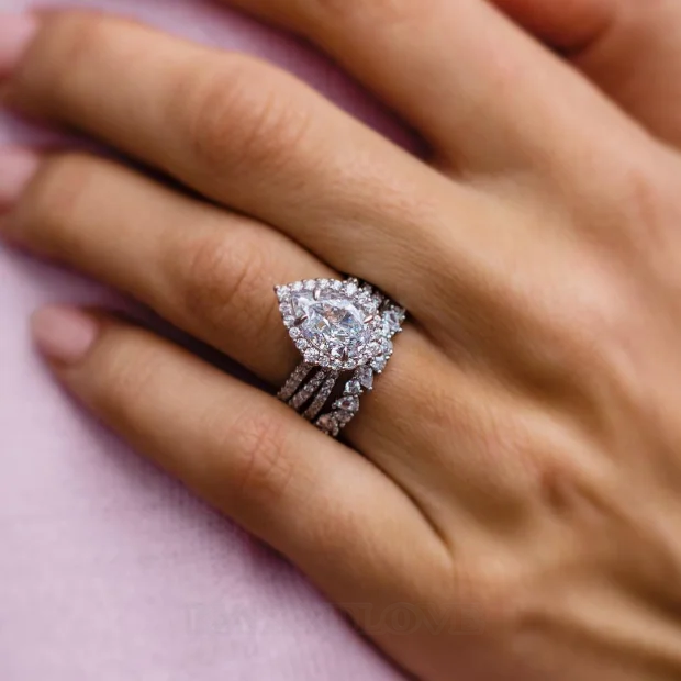 Tropfenschliff Diamantweiß Halo 3-teilige 925er Sterlingsilber Ring-Set