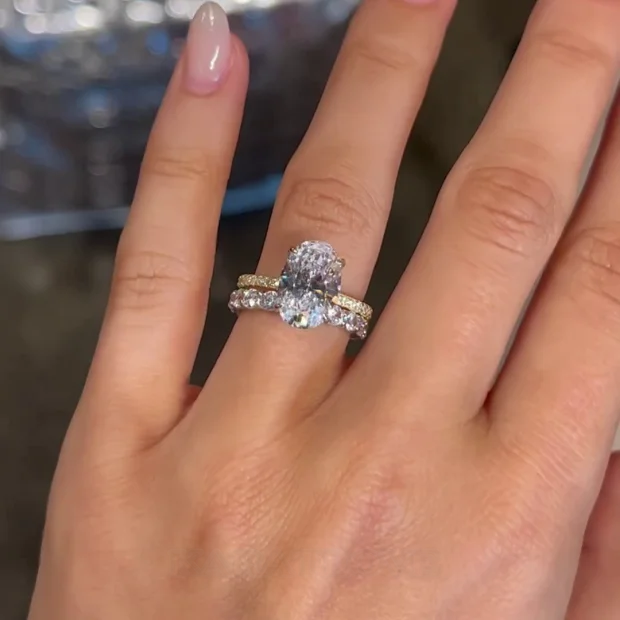 Ovalschnitt Diamantweiß Klassisch Gelbgold 925er Sterlingsilber Ring-Set