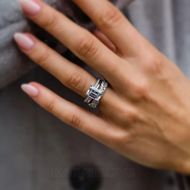 Smaragdschliff Diamantweiß Solitär 3-teilige 925er Sterlingsilber Ring-Set