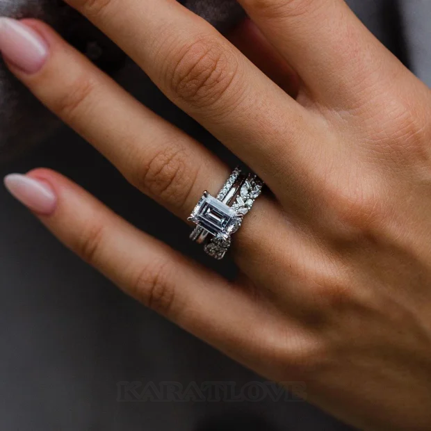 Smaragdschliff Diamantweiß Solitär 3-teilige 925er Sterlingsilber Ring-Set