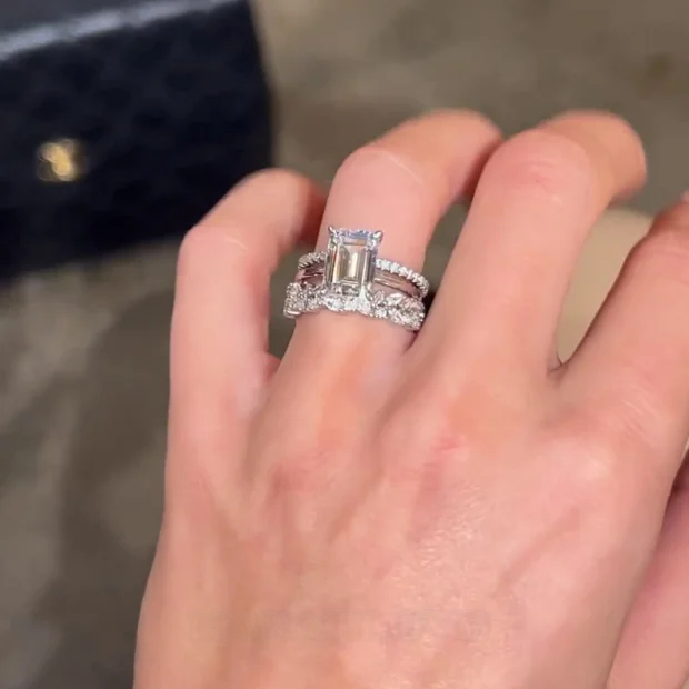 Smaragdschliff Diamantweiß Solitär 3-teilige 925er Sterlingsilber Ring-Set