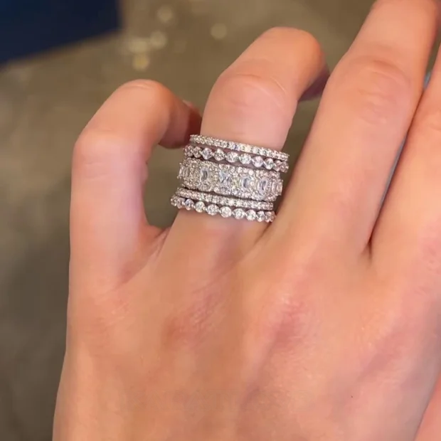 Smaragdschliff Diamantweiß 5-Piece 925er Sterlingsilber Ringband Ring-Set