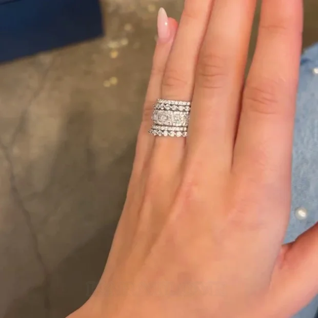 Smaragdschliff Diamantweiß 5-Piece 925er Sterlingsilber Ringband Ring-Set