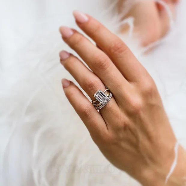 Smaragdschliff Diamantweiß Solitär 3-teilige 925er Sterlingsilber Ring-Set