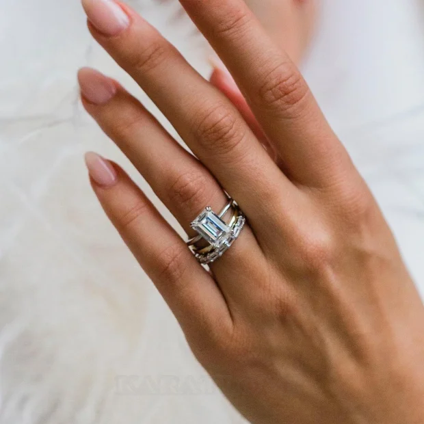 Smaragdschliff Diamantweiß Solitär 3-teilige 925er Sterlingsilber Ring-Set