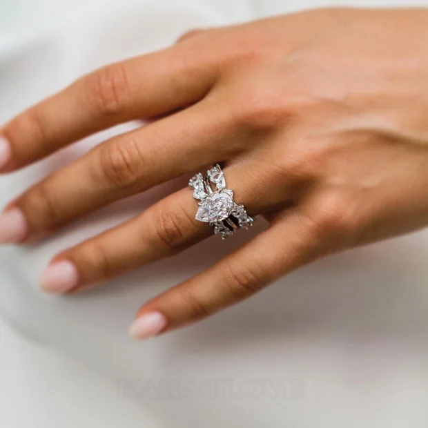 Tropfenschliff Diamantweiß Solitär 3-teilige 925er Sterlingsilber Ring-Set