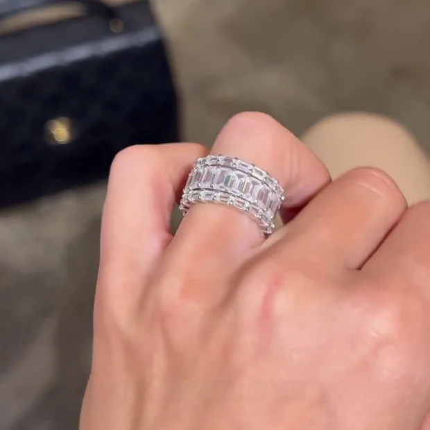 Smaragdschliff Diamantweiß 3-teilige 925er Sterlingsilber Ringband Ring-Set