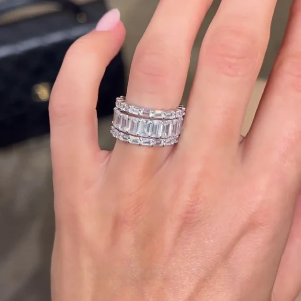 Smaragdschliff Diamantweiß 3-teilige 925er Sterlingsilber Ringband Ring-Set
