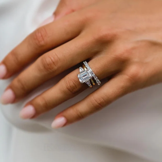 Smaragdschliff 3-Steine Diamantweiß 925er Sterlingsilber 3-teilige Ring-Set