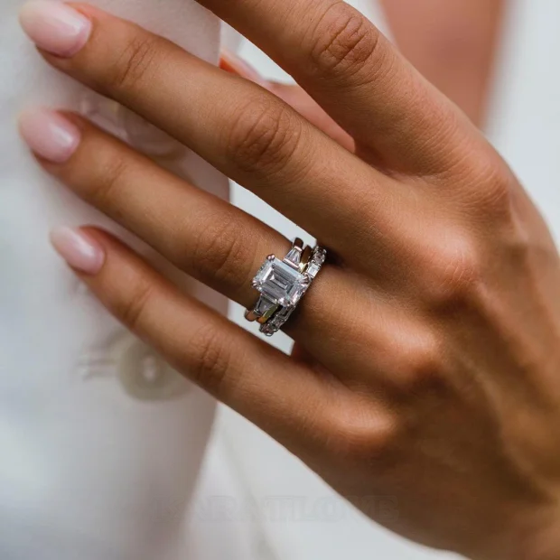 Smaragdschliff 3-Steine Diamantweiß 925er Sterlingsilber 3-teilige Ring-Set
