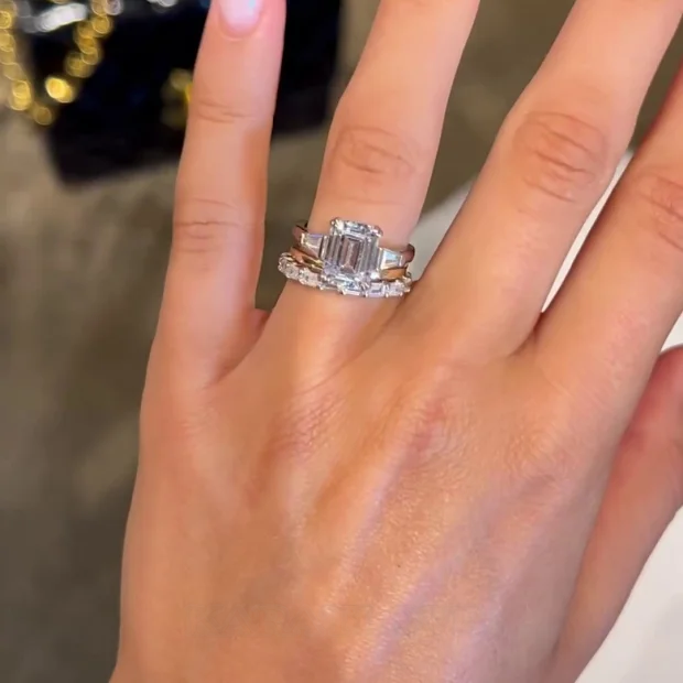 Smaragdschliff 3-Steine Diamantweiß 925er Sterlingsilber 3-teilige Ring-Set