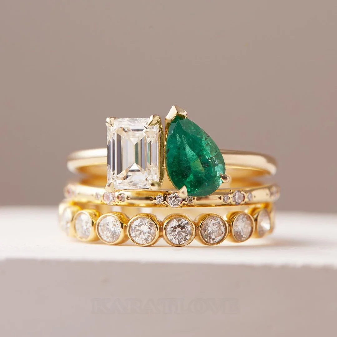 Smaragdschliff Diamantweiß Tropfenschliff Smaragdgrün 925er Sterlingsilber Gelbgold 3-teilige Ring-Set