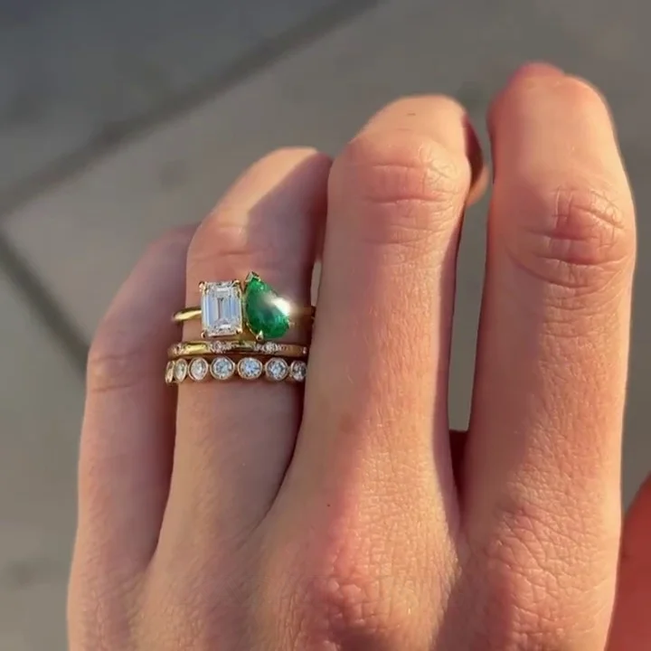 Smaragdschliff Diamantweiß Tropfenschliff Smaragdgrün 925er Sterlingsilber Gelbgold 3-teilige Ring-Set