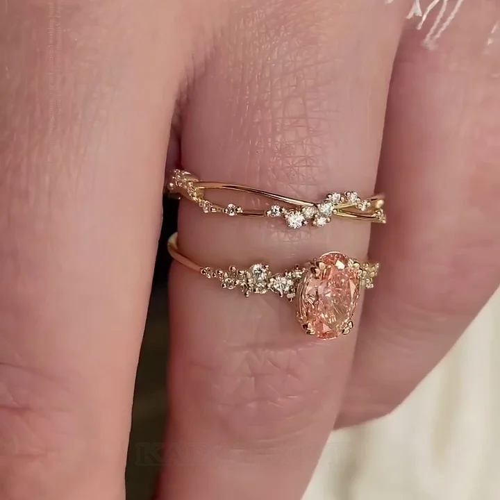 Ovalschnitt Zartrosa 925er Sterlingsilber Gelbgold Art-Déco Ring-Set