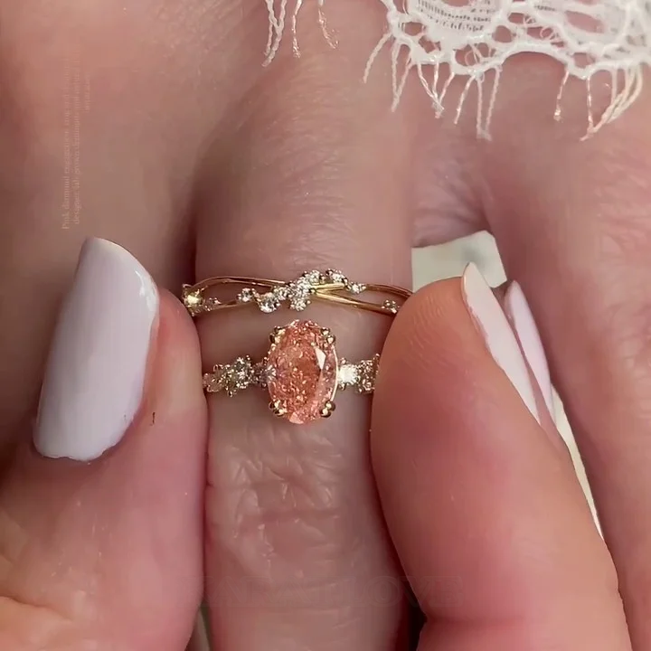 Ovalschnitt Zartrosa 925er Sterlingsilber Gelbgold Art-Déco Ring-Set