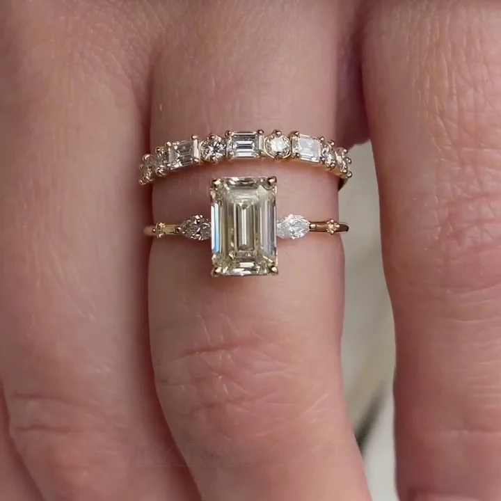 Smaragdschliff Diamantweiß 925er Sterlingsilber Gelbgold 3-Steine Ring-Set