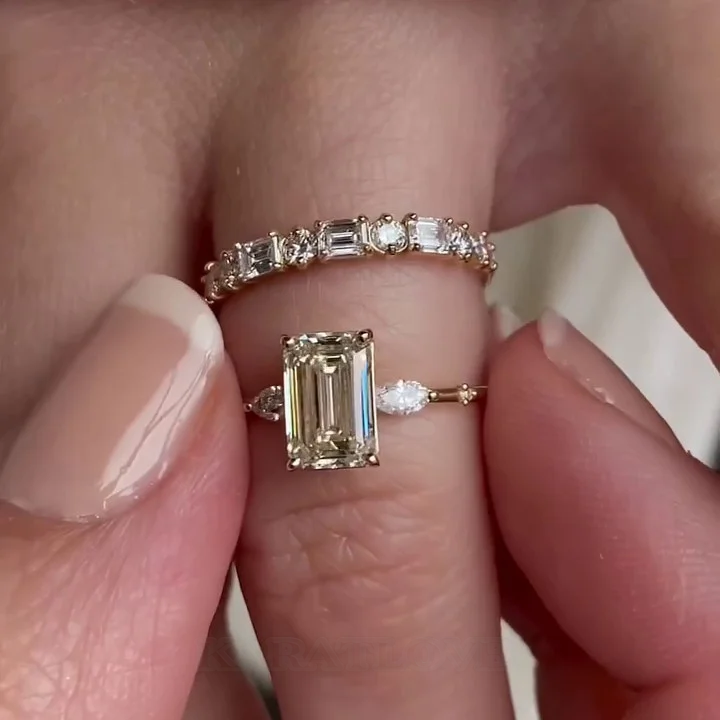 Smaragdschliff Diamantweiß 925er Sterlingsilber Gelbgold 3-Steine Ring-Set