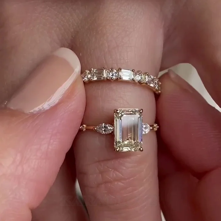 Smaragdschliff Diamantweiß 925er Sterlingsilber Gelbgold 3-Steine Ring-Set