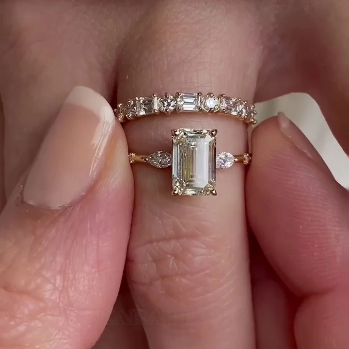 Smaragdschliff Diamantweiß 925er Sterlingsilber Gelbgold 3-Steine Ring-Set