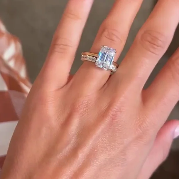 Smaragdschliff Diamantweiß 925er Sterlingsilber Gelbgold Solitärring-Sets