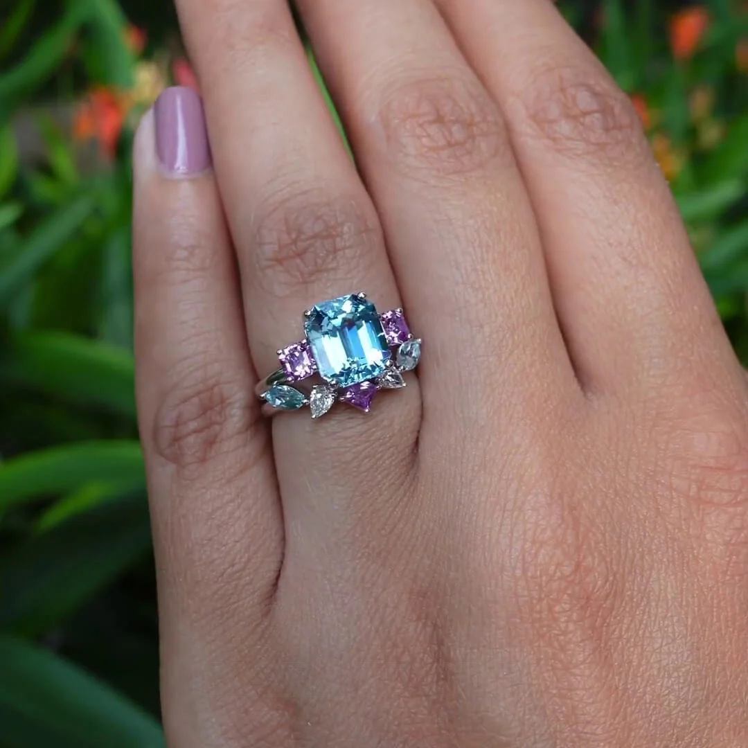 Smaragdschliff Aquamarine 925er Sterlingsilber 3-Steine Ring-Set Smaragdschliff Aquamarine 925er Sterlingsilber 3-Steine Ring-Set
