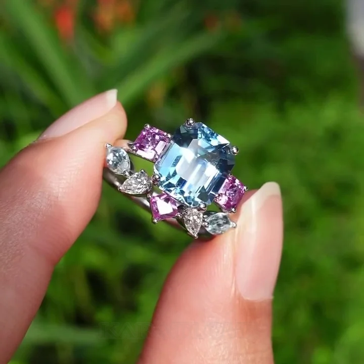 Smaragdschliff Aquamarine 925er Sterlingsilber 3-Steine Ring-Set