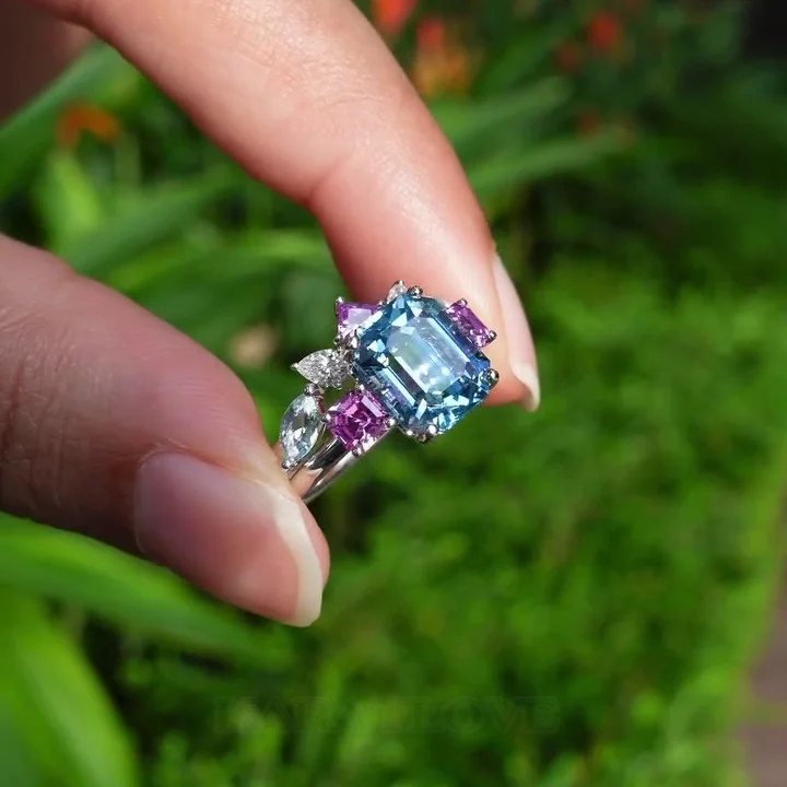 Smaragdschliff Aquamarine 925er Sterlingsilber 3-Steine Ring-Set