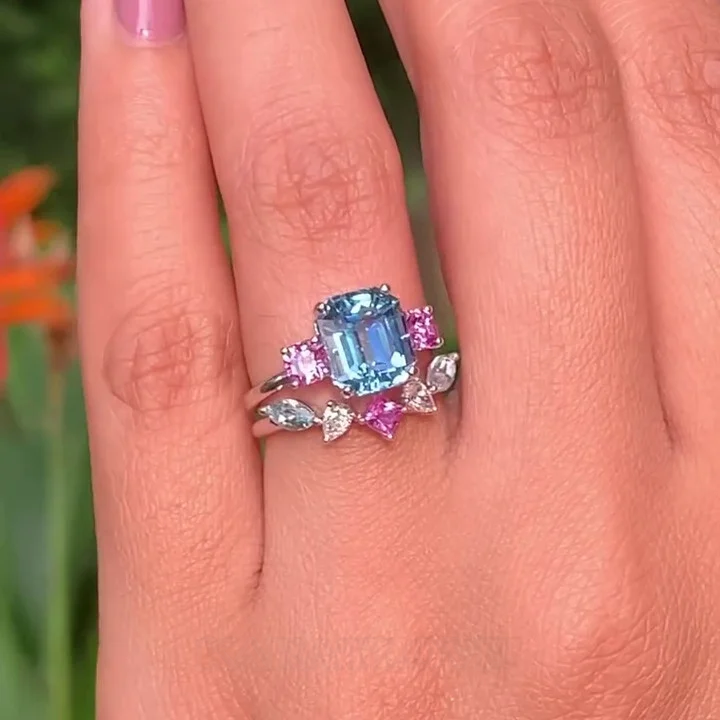 Smaragdschliff Aquamarine 925er Sterlingsilber 3-Steine Ring-Set