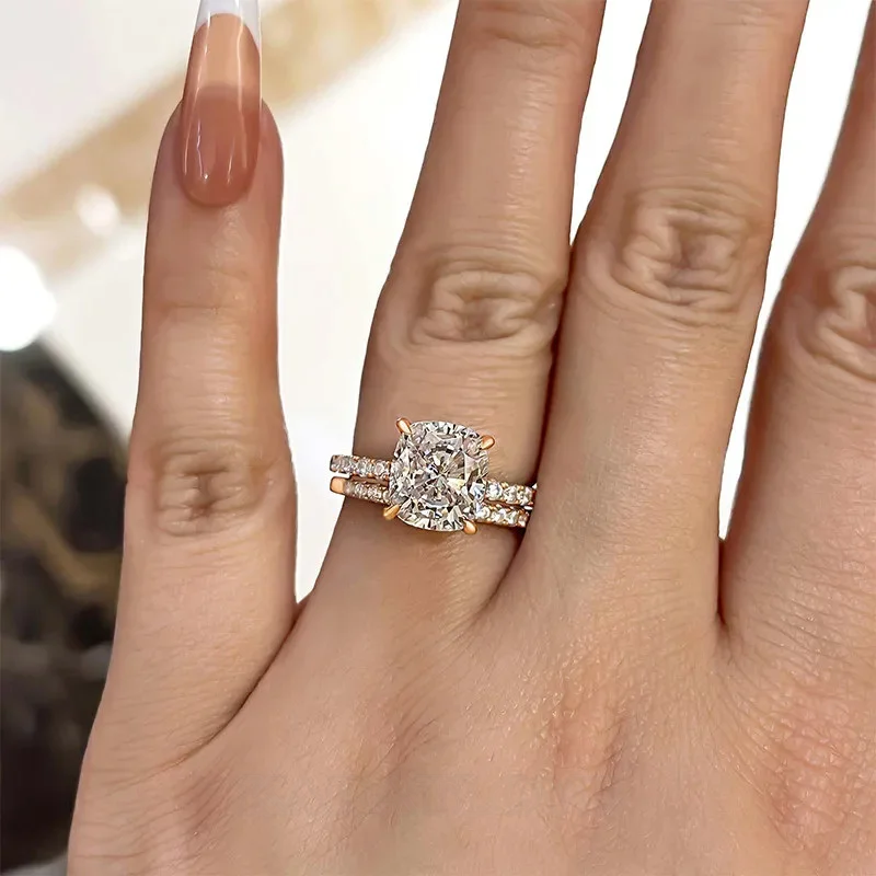 Kissenschliff Diamantweiß 925er Sterlingsilber Halo Ring-Set