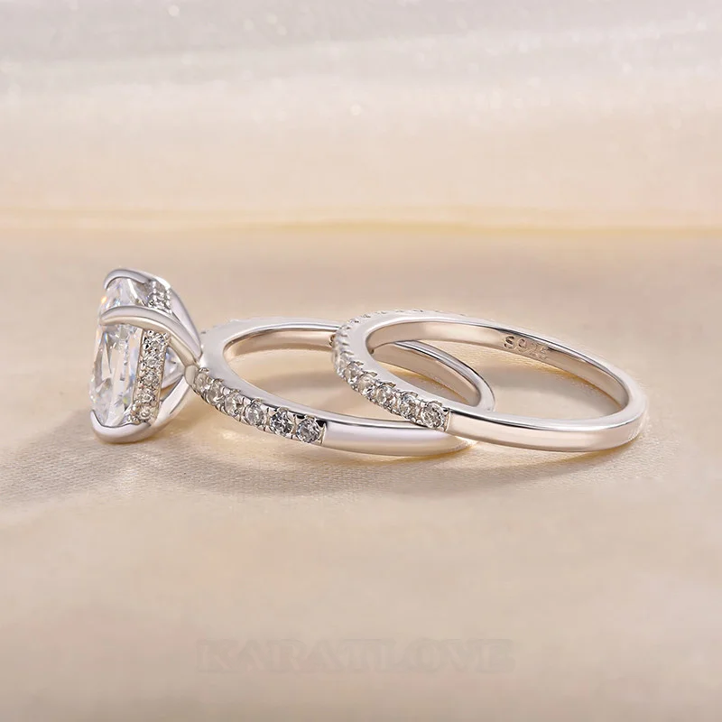 Kissenschliff Diamantweiß 925er Sterlingsilber Halo Ring-Set