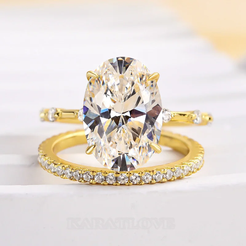 Ovalschnitt Diamantweiß 925er Sterlingsilber Gelbgold Ring-Set