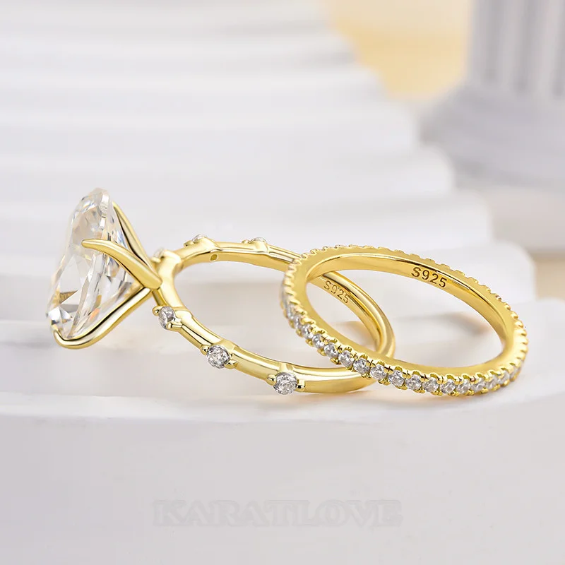 Ovalschnitt Diamantweiß 925er Sterlingsilber Gelbgold Ring-Set