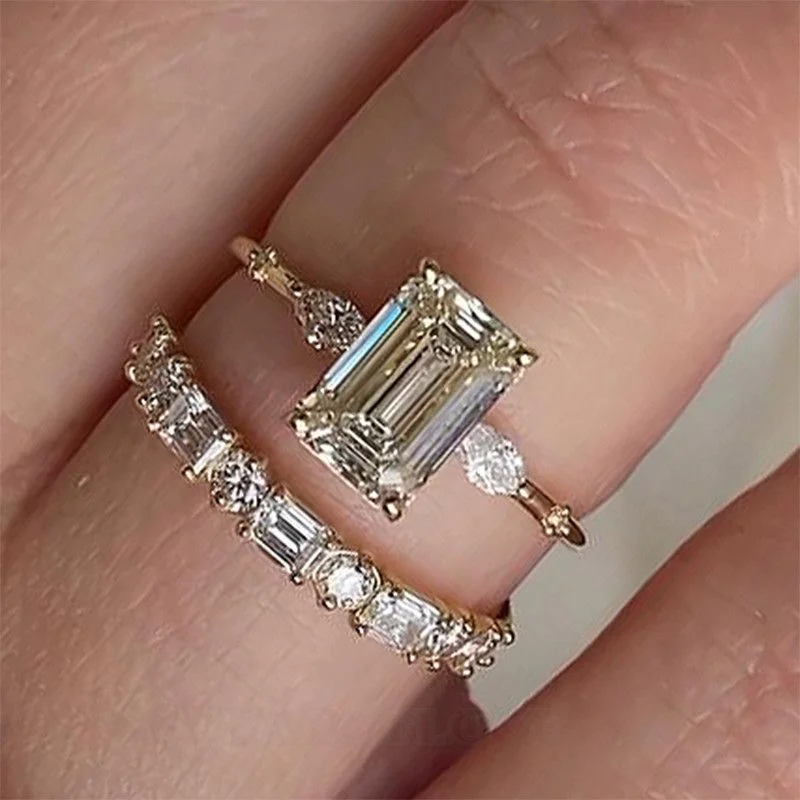 Smaragdschliff Diamantweiß 925er Sterlingsilber Gelbgold 3-Steine Ring-Set Smaragdschliff Diamantweiß 925er Sterlingsilber Gelbgold 3-Steine Ring-Set