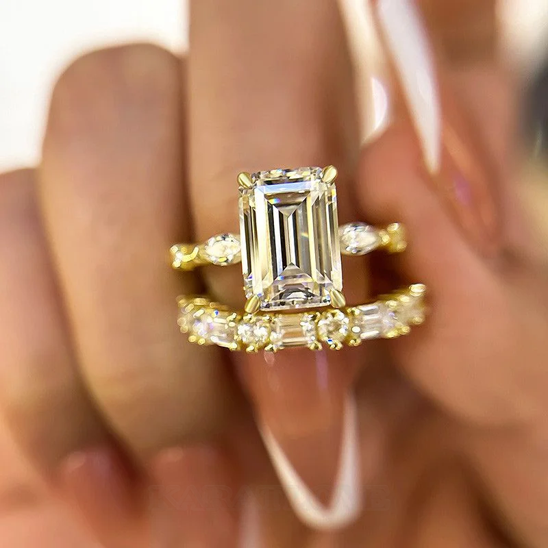Smaragdschliff Diamantweiß 925er Sterlingsilber Gelbgold 3-Steine Ring-Set