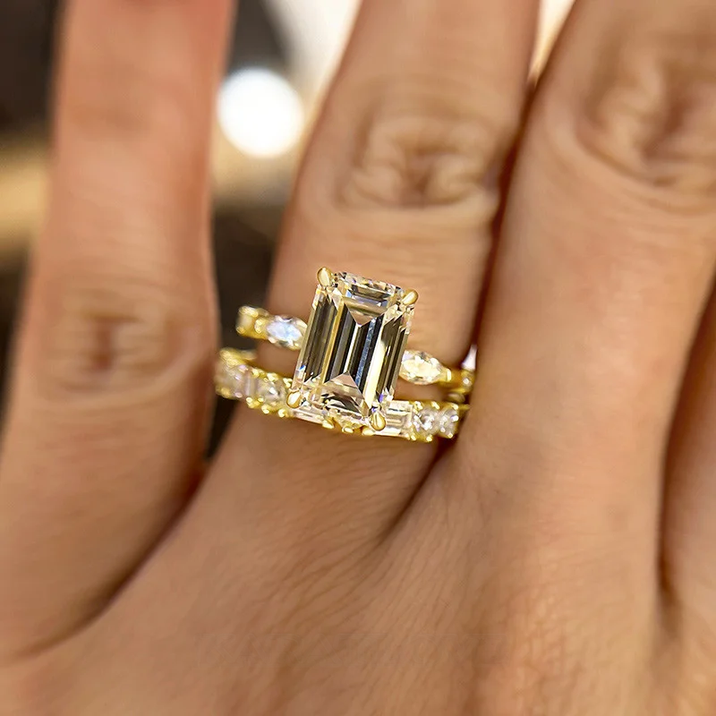 Smaragdschliff Diamantweiß 925er Sterlingsilber Gelbgold 3-Steine Ring-Set