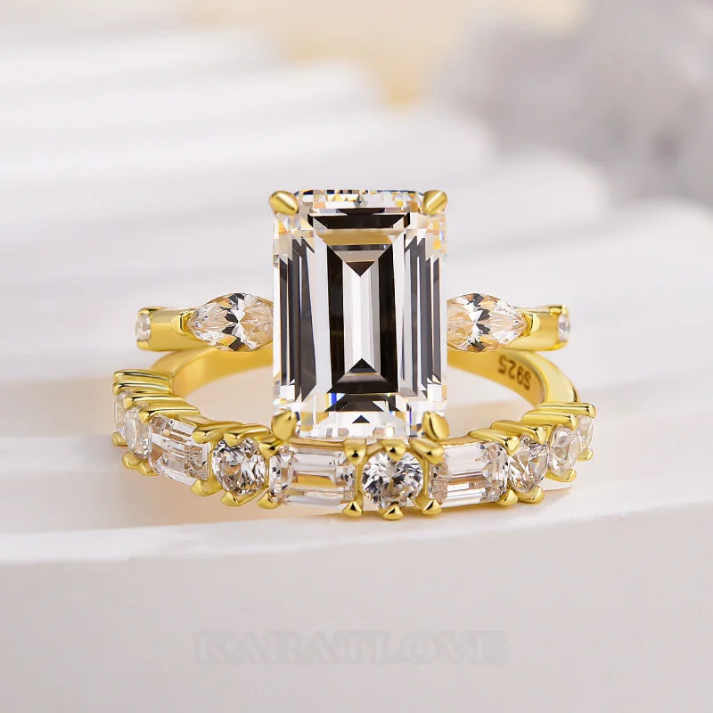 Smaragdschliff Diamantweiß 925er Sterlingsilber Gelbgold 3-Steine Ring-Set