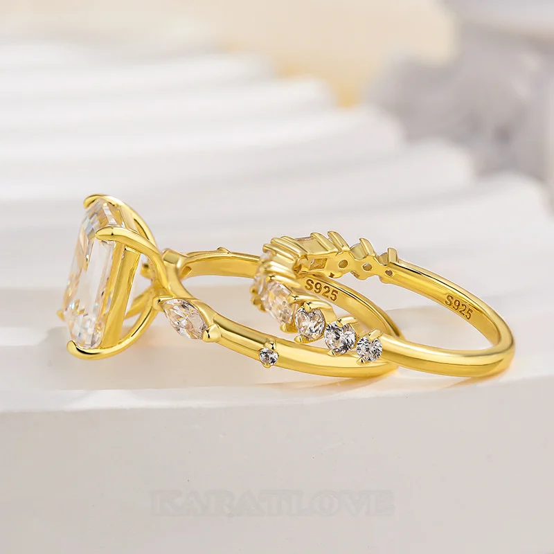 Smaragdschliff Diamantweiß 925er Sterlingsilber Gelbgold 3-Steine Ring-Set