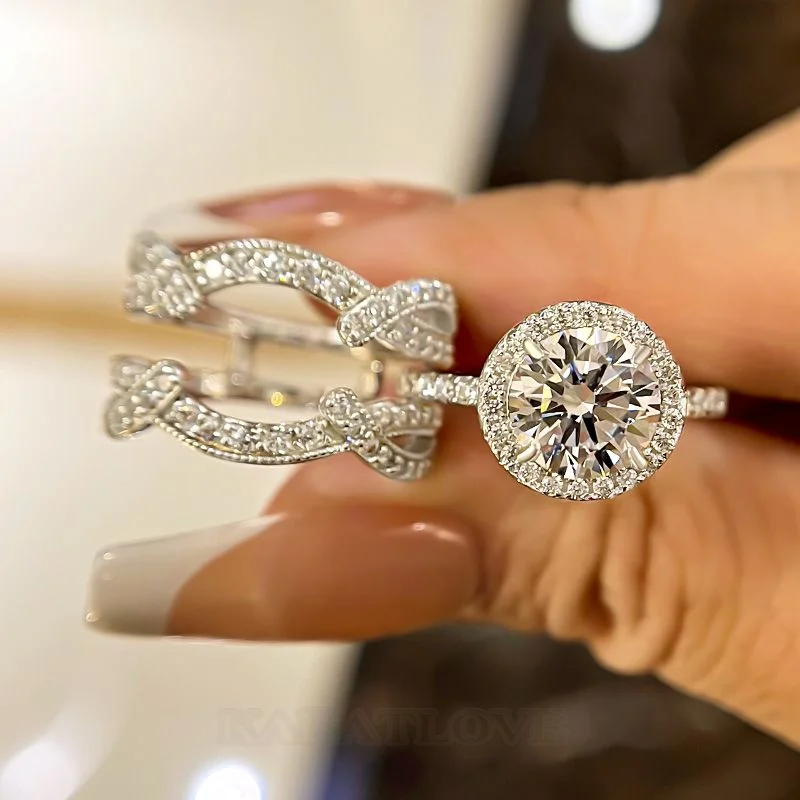 Rundschliff Diamantweiß 925er Sterlingsilber Einlege Halo Ring-Set