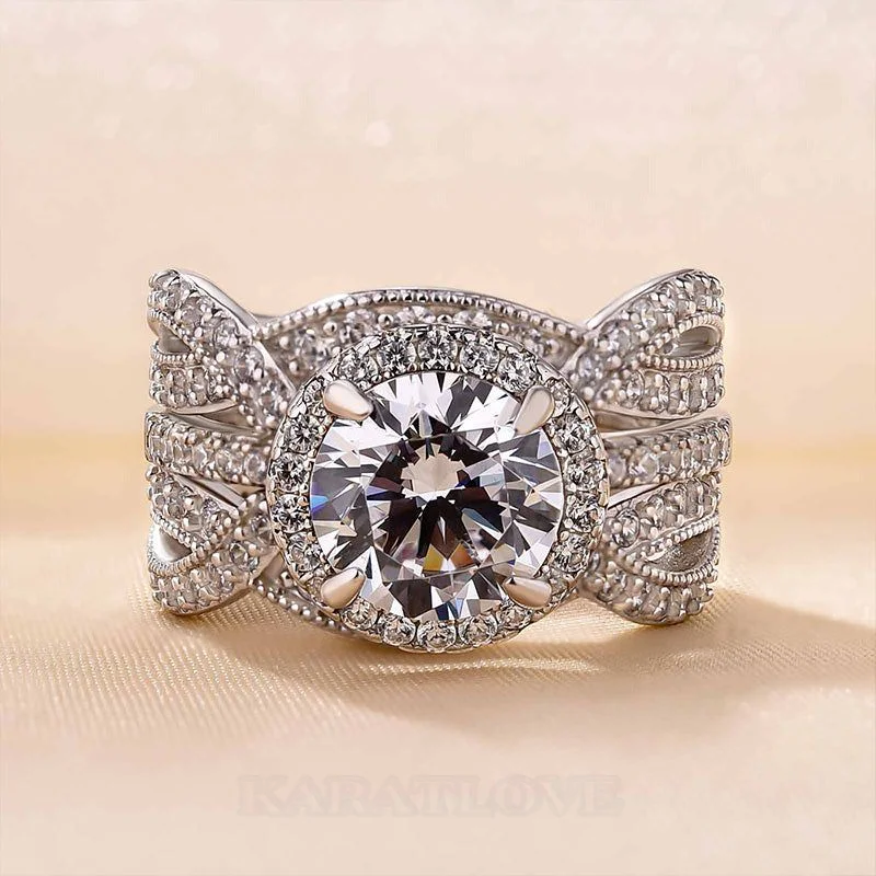 Rundschliff Diamantweiß 925er Sterlingsilber Einlege Halo Ring-Set