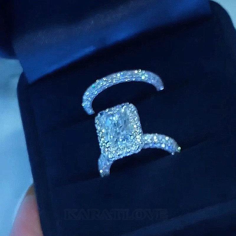 Radiantschliff Diamantweiß 925er Sterlingsilber Halo Ring-Set