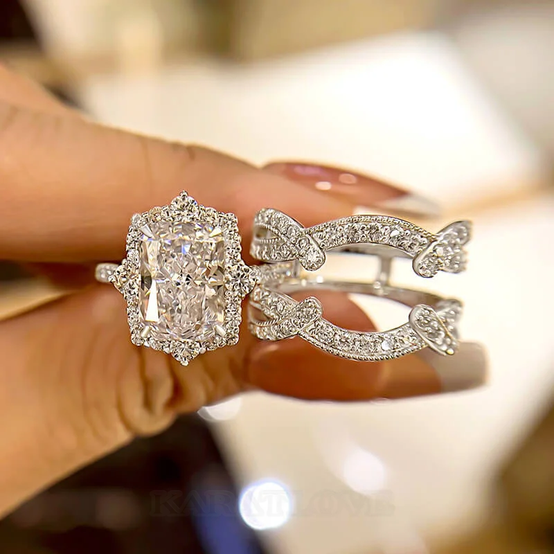 Radiantschliff Diamantweiß 925er Sterlingsilber Einlege Halo Ring-Set