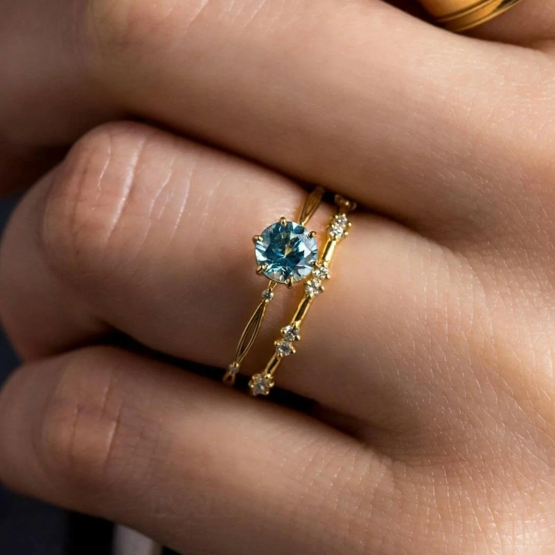 Rundschliff Aquamarinblau 925er Sterlingsilber Gelbgold Brautset