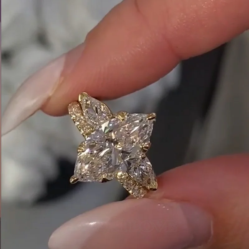 Marquise-Schliff Diamantweiß 925er Sterlingsilber Gelbgold Einlege Trauring-Set