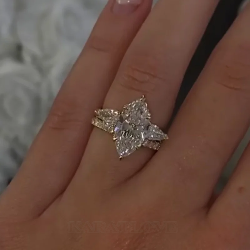 Marquise-Schliff Diamantweiß 925er Sterlingsilber Gelbgold Einlege Trauring-Set