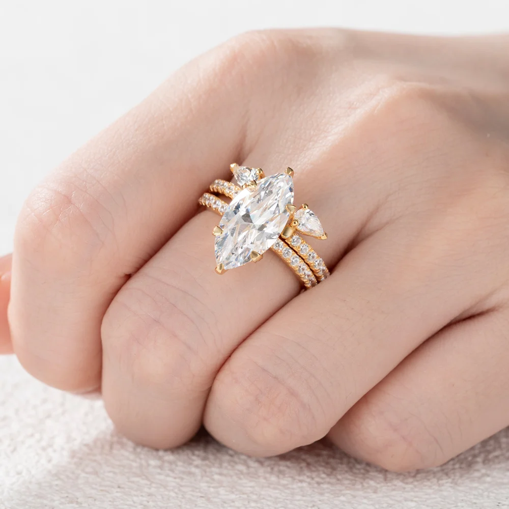 Marquise-Schliff Diamantweiß 925er Sterlingsilber Gelbgold Einlege Trauring-Set