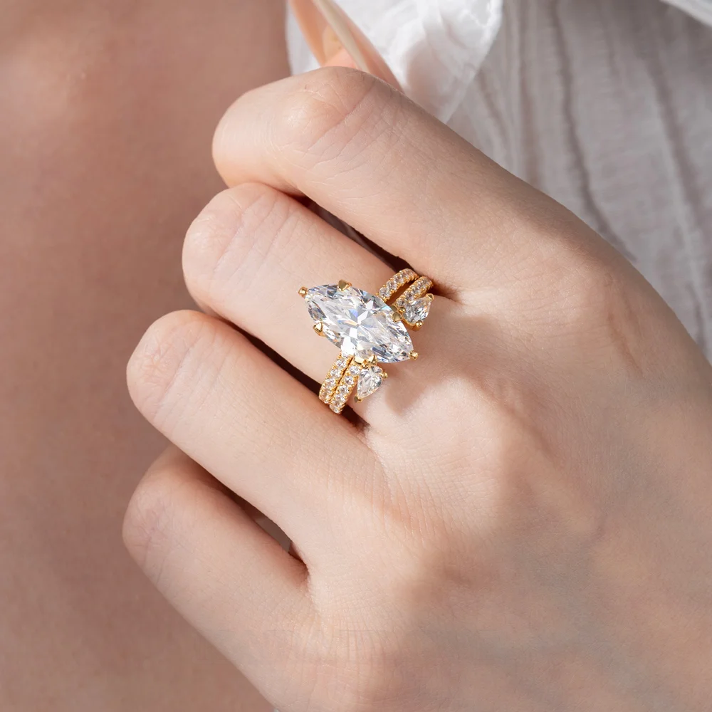 Marquise-Schliff Diamantweiß 925er Sterlingsilber Gelbgold Einlege Trauring-Set