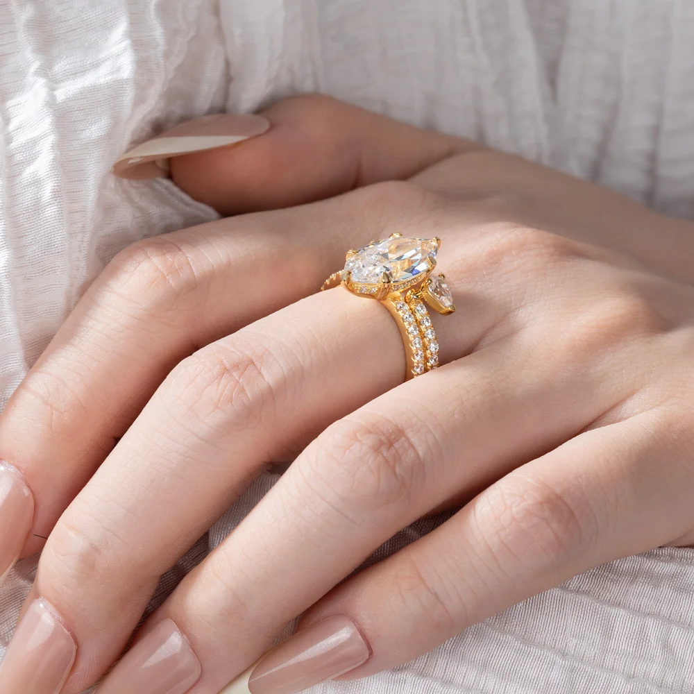 Marquise-Schliff Diamantweiß 925er Sterlingsilber Gelbgold Einlege Trauring-Set