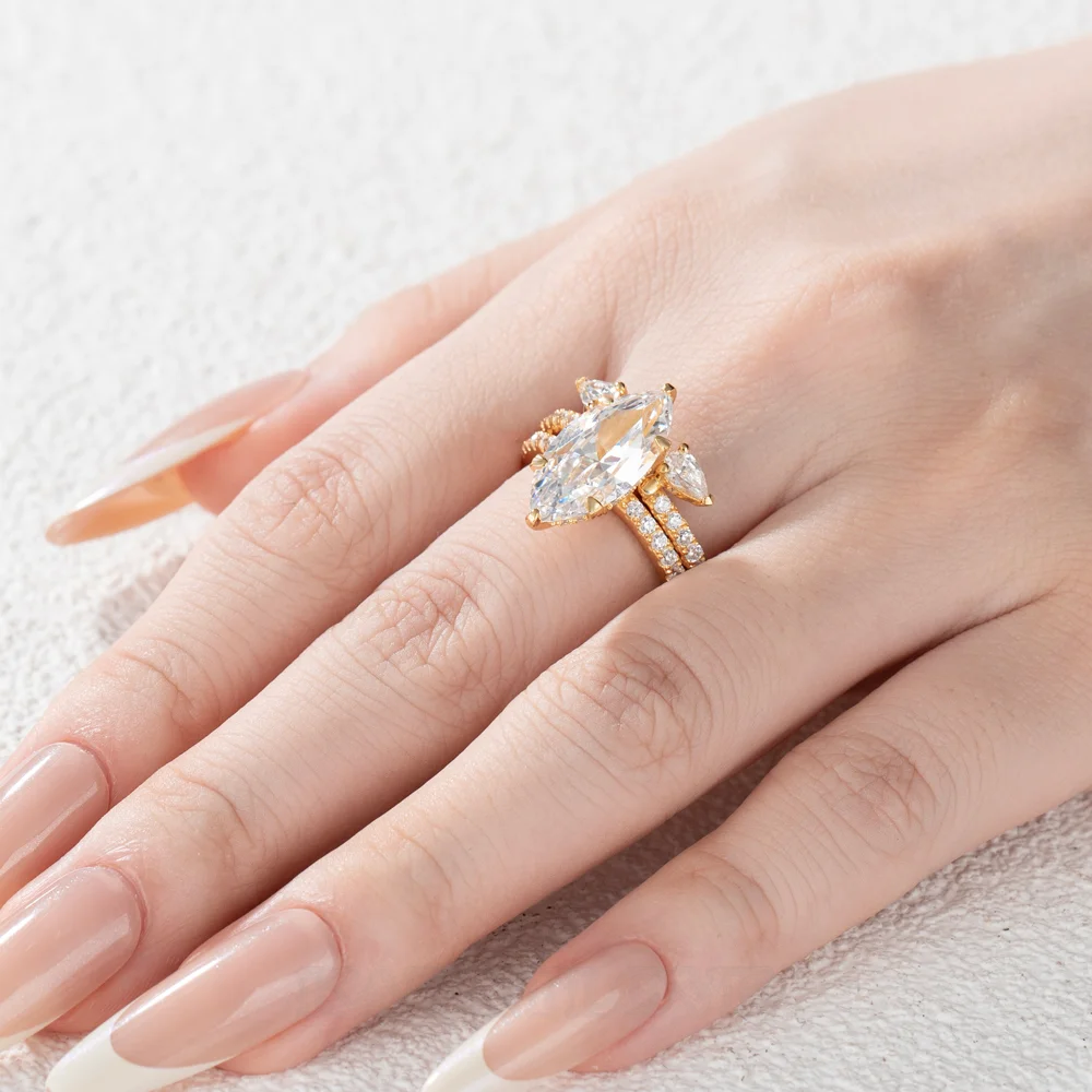 Marquise-Schliff Diamantweiß 925er Sterlingsilber Gelbgold Einlege Trauring-Set